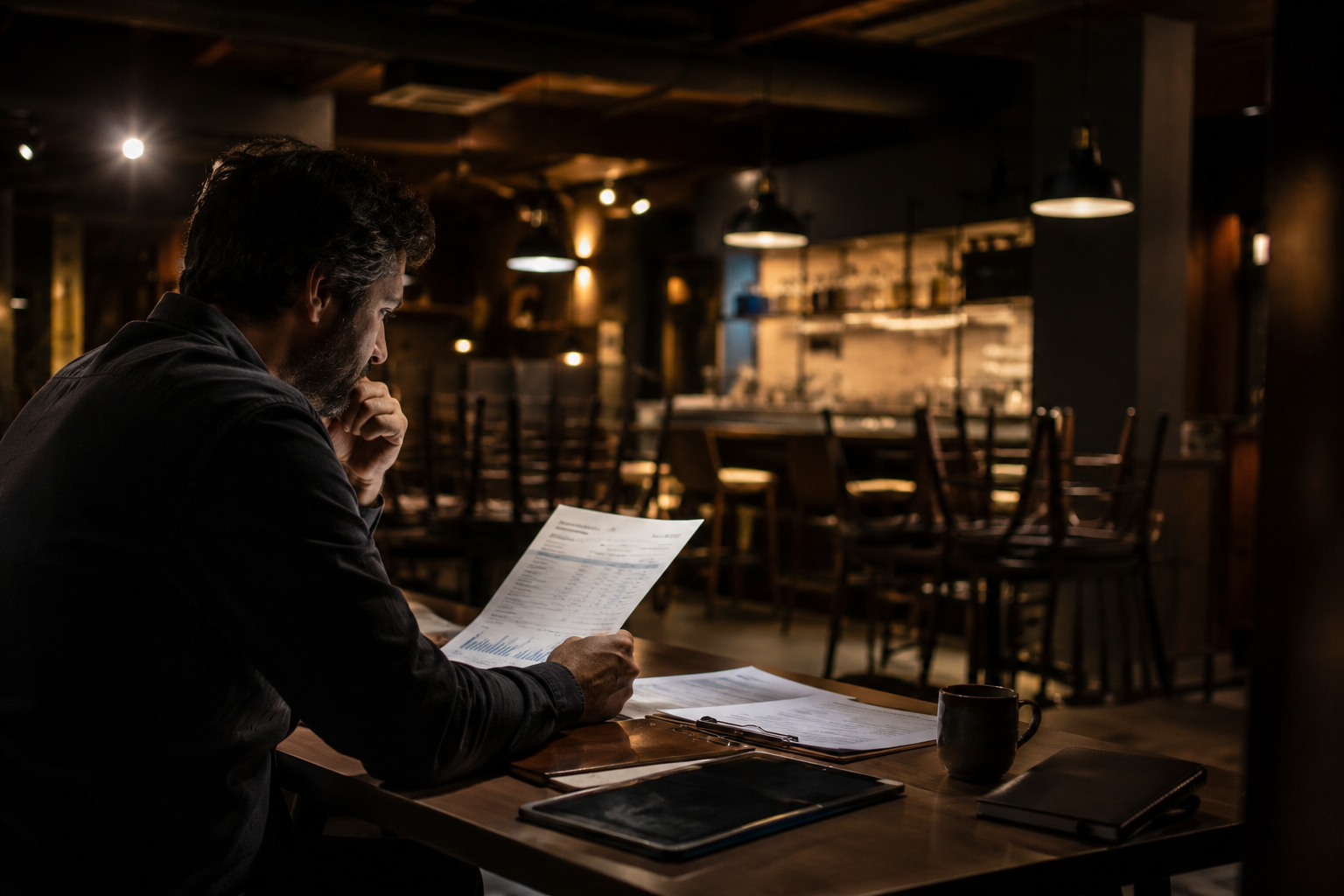 Responsable de un restaurante revisando los resultados económicos después del servicio.