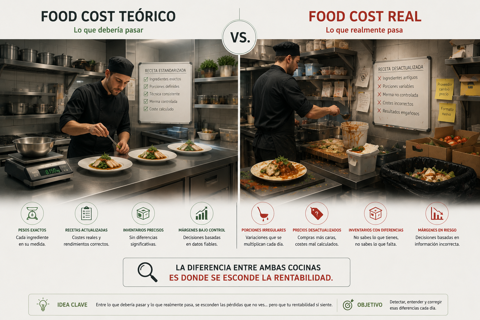Infografía que compara el food cost teórico con el food cost real en una cocina profesional.