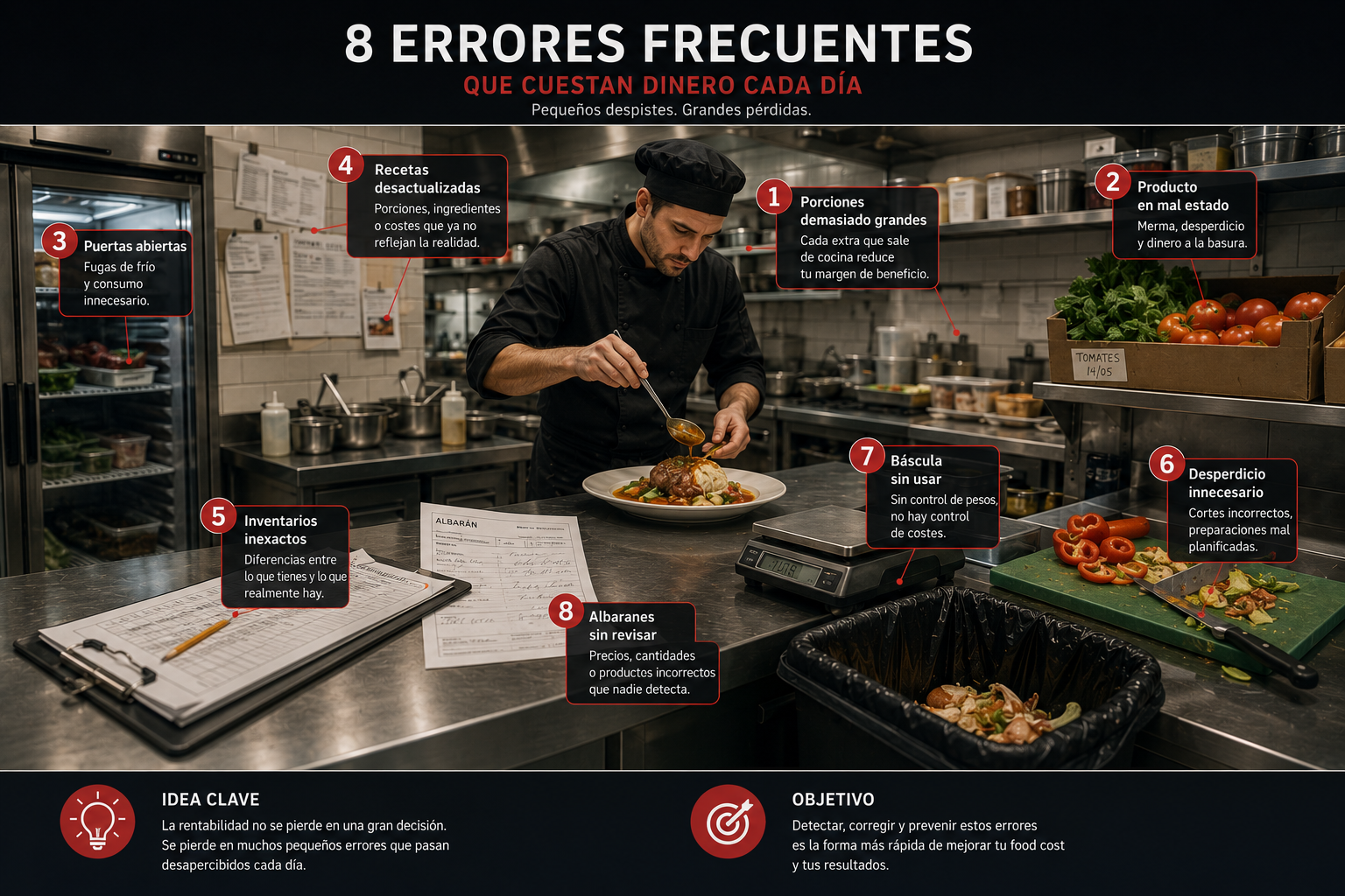 Escena editorial con los errores más habituales que distorsionan el cálculo del food cost.