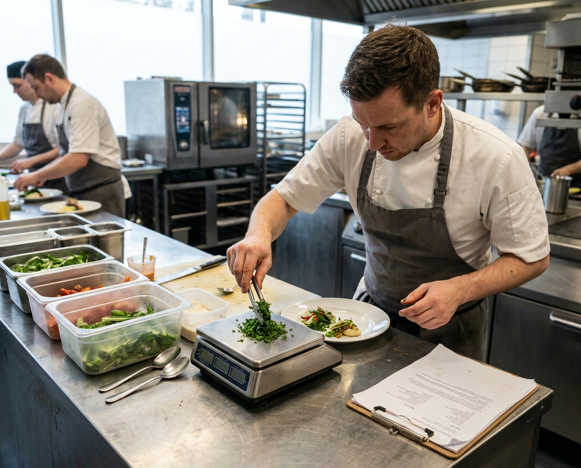 Equipo de restaurante aplicando buenas prácticas de recetas, inventario, porciones y desperdicio.
