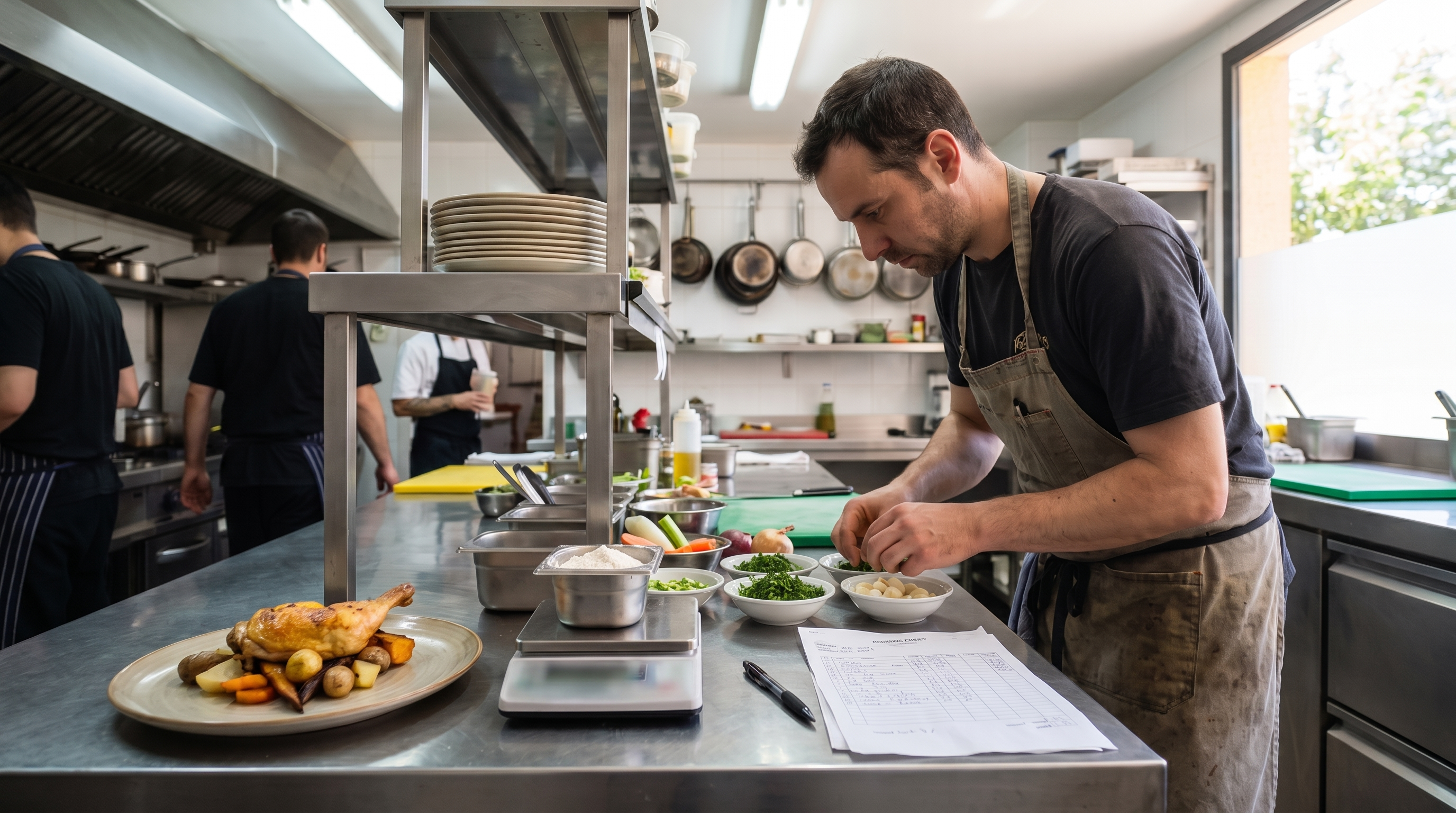 Chef preparando un plato junto a una báscula y una hoja de costes.