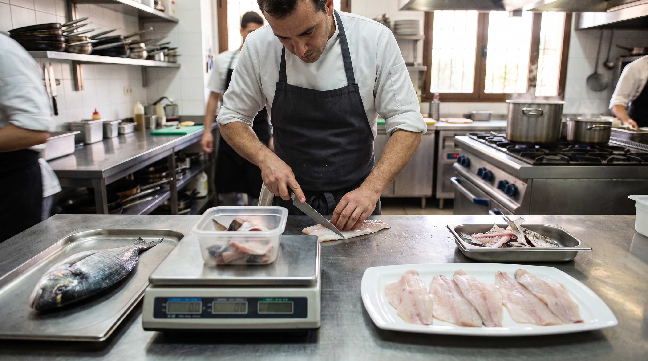 Chef preparando pescado y midiendo el rendimiento real.